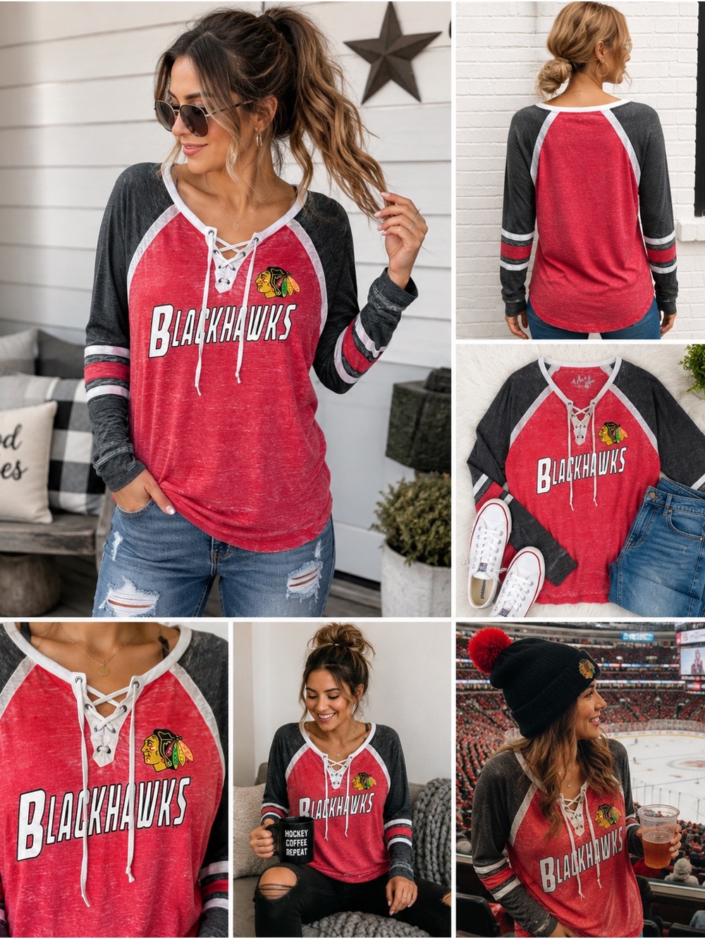 Chicago Blackhawks Shirt Women’s XL Red Gray Hockey NHL Soft Lace Up Long Sleeve